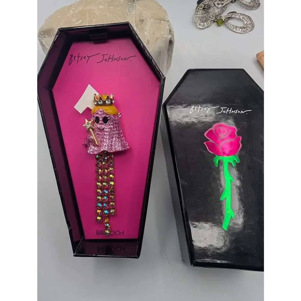 Betsey Johnson Pink Glitter Ghost Brooch Pin Crown Wand Rhinestone Dangle Coffin